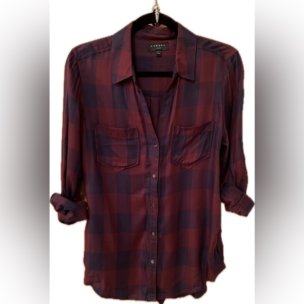 Lightweight plaid top, plum and navy blue, excellent condition